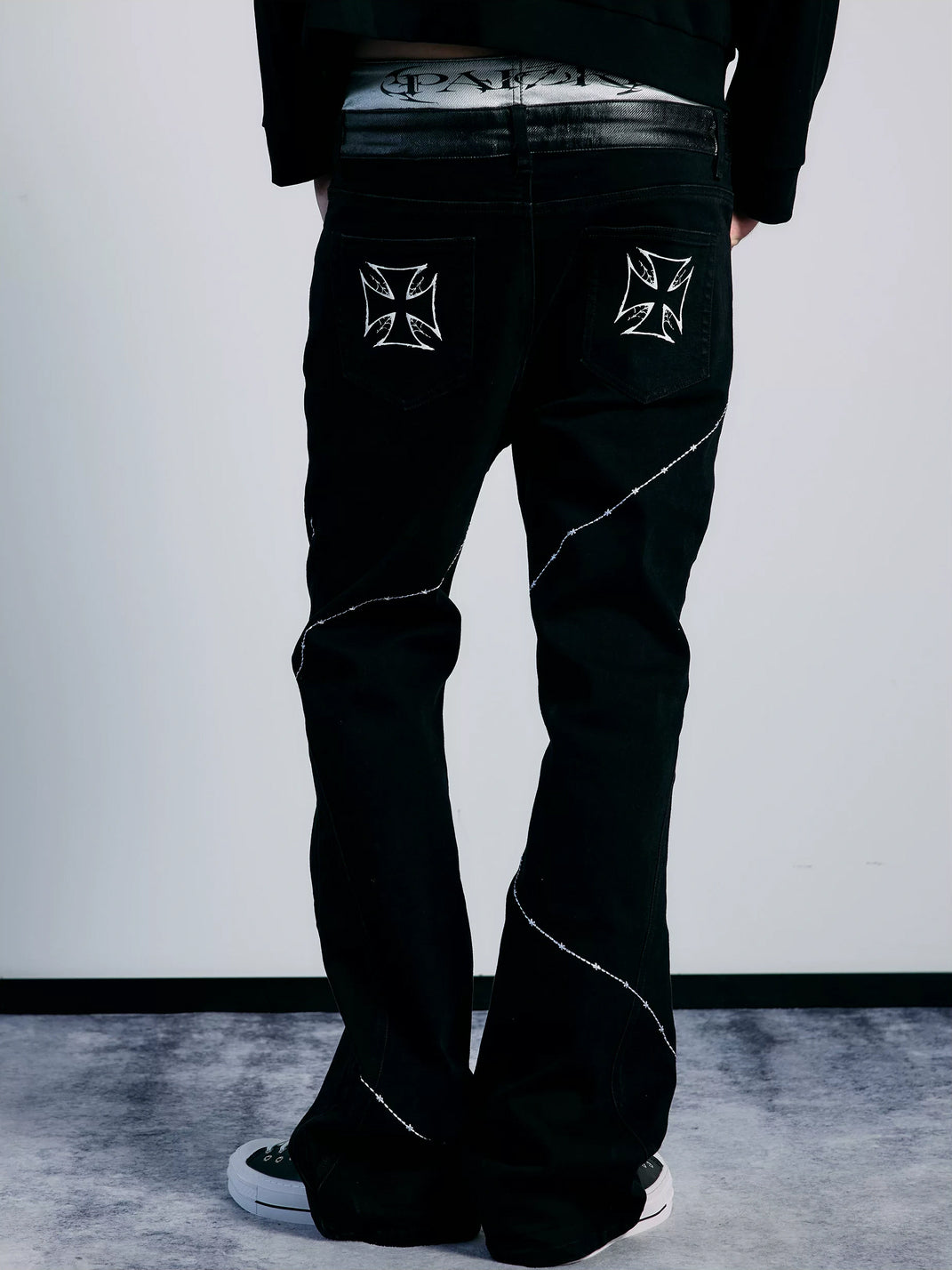 Contrast Stitch Double Waist Black Flared Jeans - product view 5