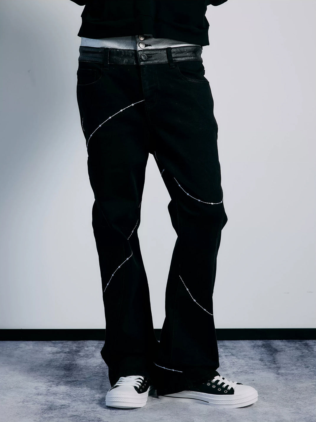 Contrast Stitch Double Waist Black Flared Jeans - product view 6