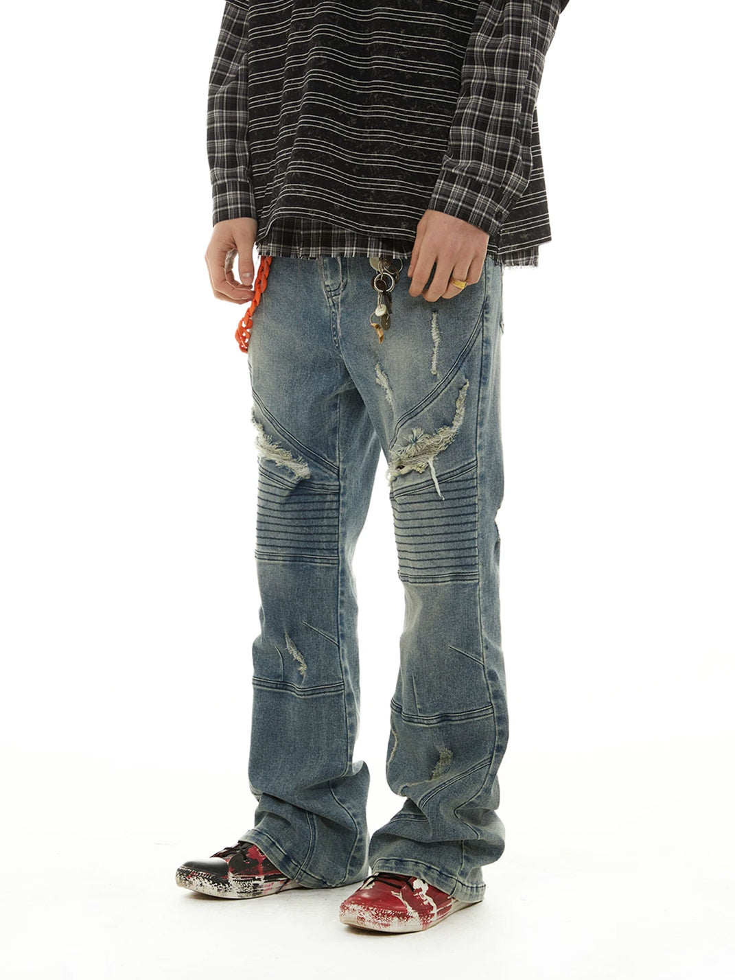Star Waist Panelled Distressed Blue Flare Jeans - product view 2