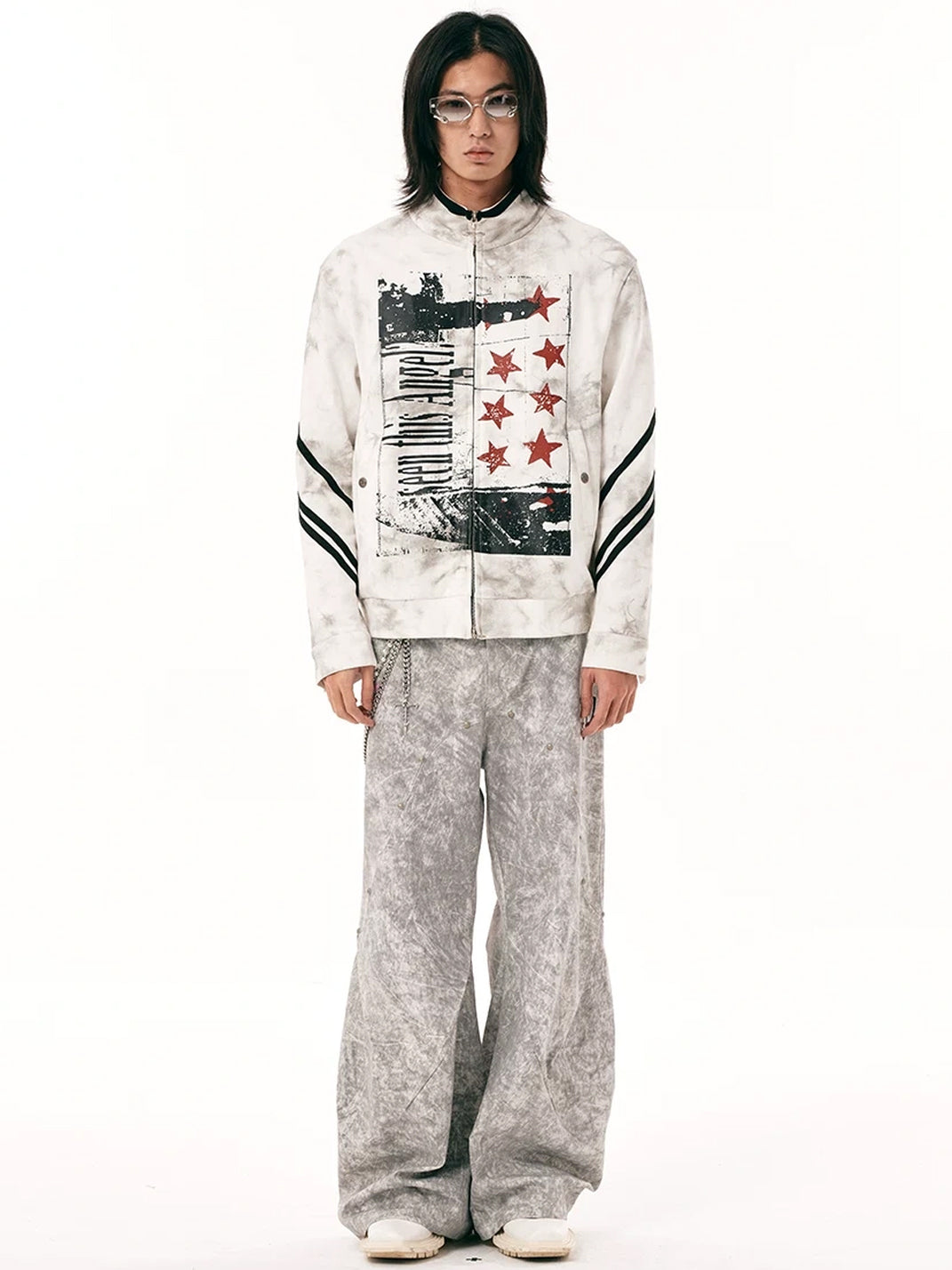 Washed Star Graphic Striped Sleeve Zip Jacket - product view 10