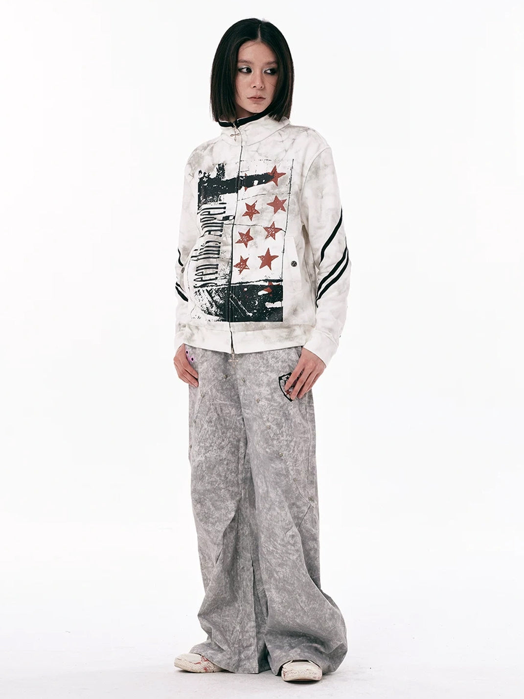 Washed Star Graphic Striped Sleeve Zip Jacket - product view 11