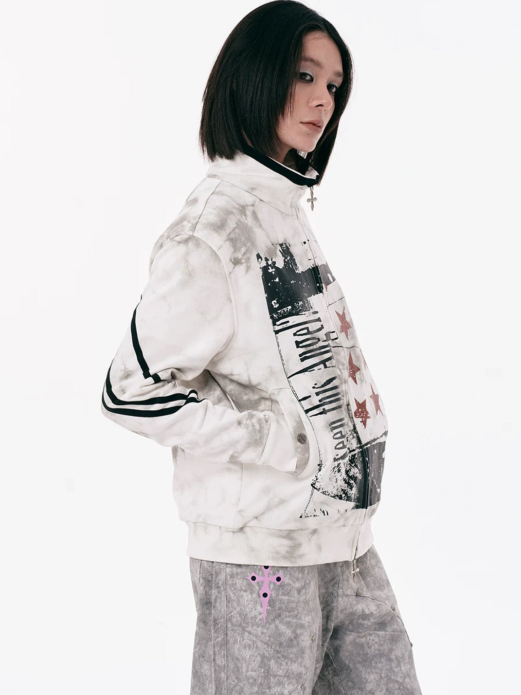 Washed Star Graphic Striped Sleeve Zip Jacket - product view 3