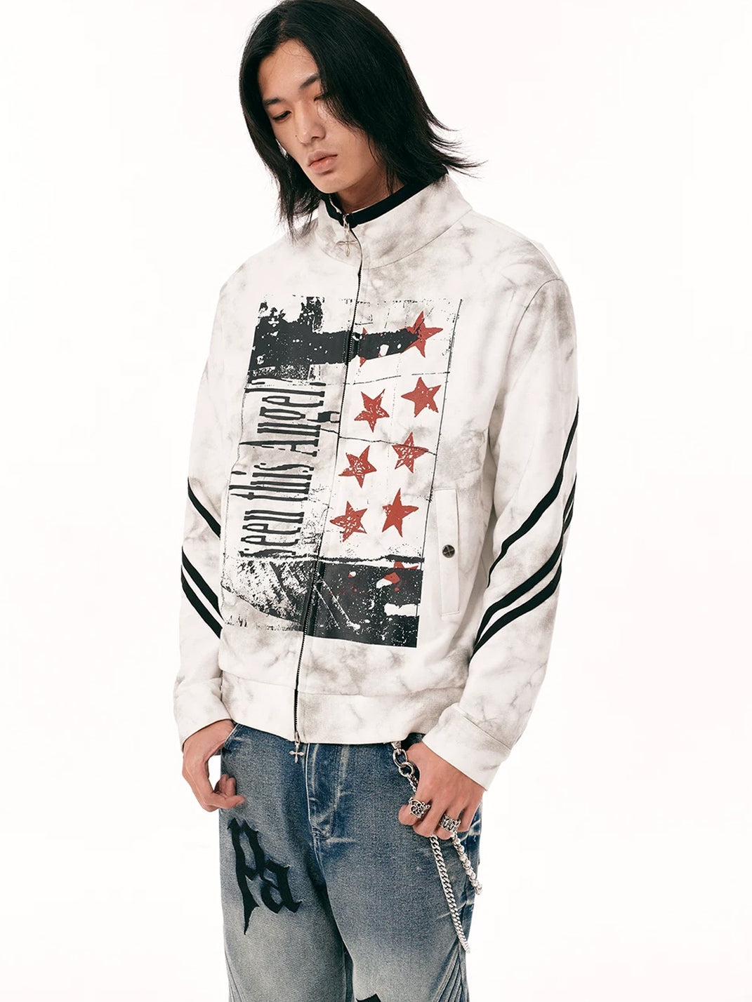 Washed Star Graphic Striped Sleeve Zip Jacket - product view 5