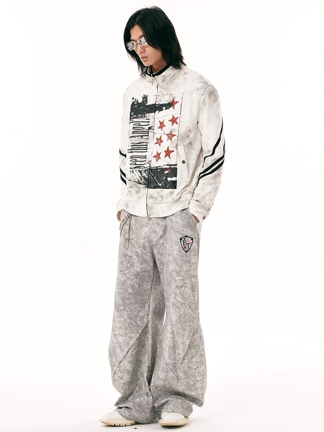Washed Star Graphic Striped Sleeve Zip Jacket - product view 9