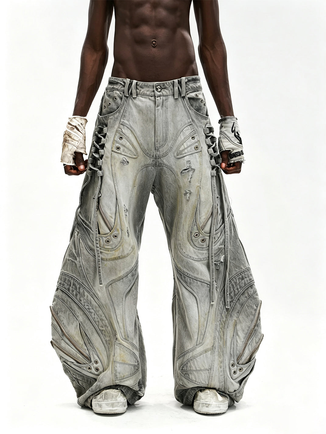 Sculpted Lace Up Patchwork Flare Jeans - view 2