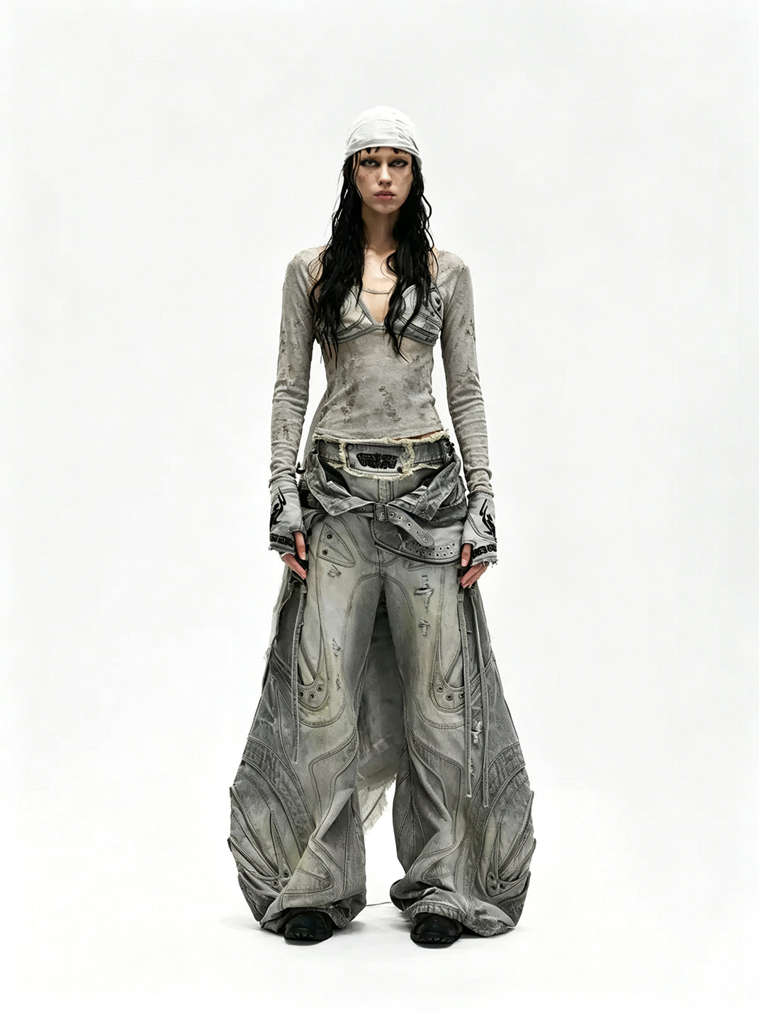 Sculpted Lace Up Patchwork Flare Jeans - view 5