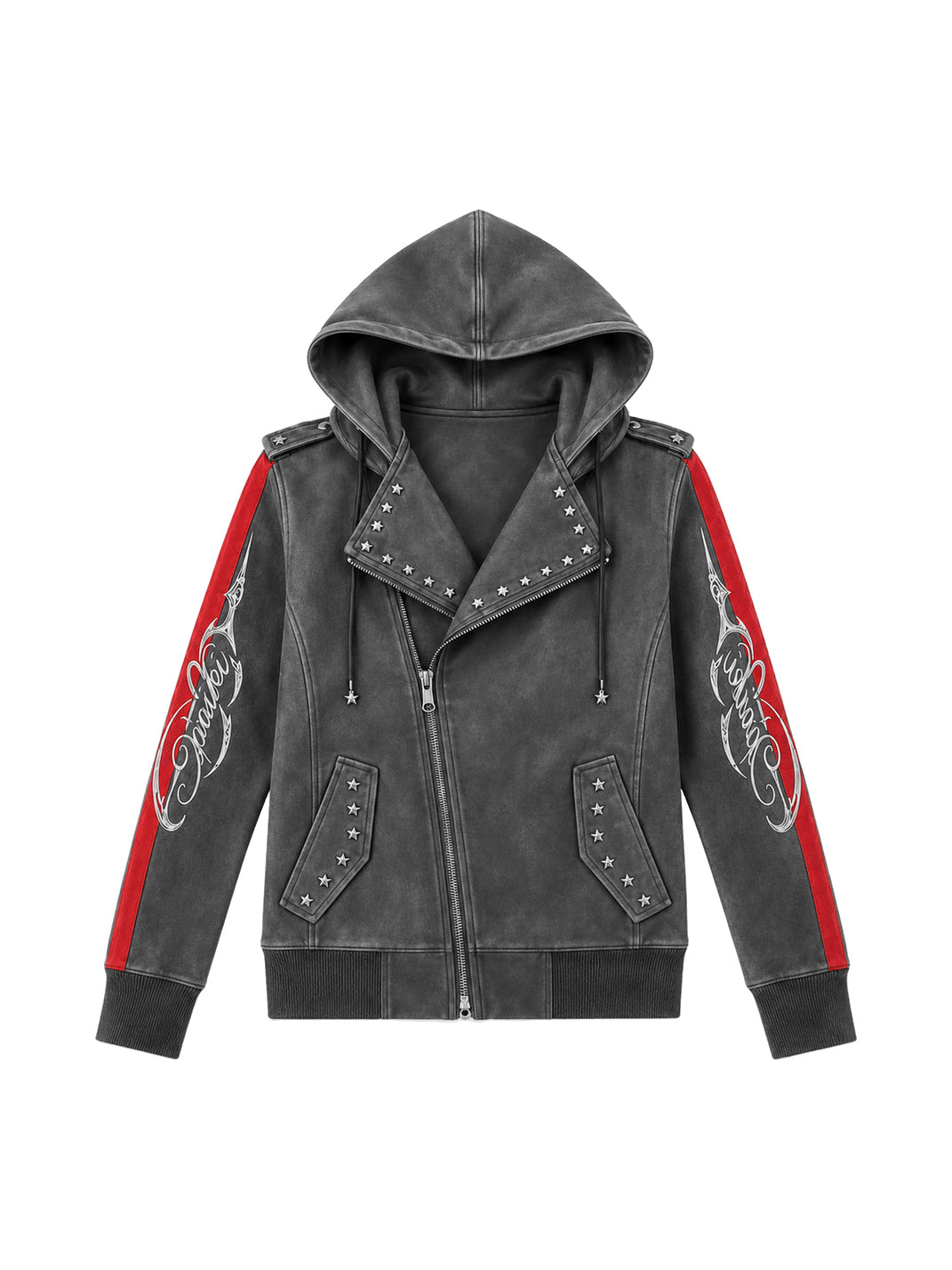 Red Stripe Studded Hooded Biker Jacket - front view