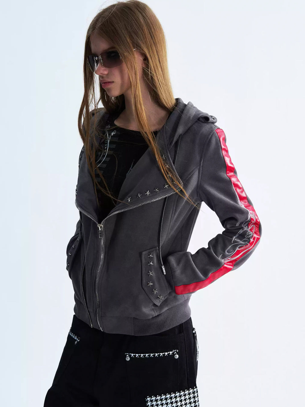 Red Stripe Studded Hooded Biker Jacket - product view 2