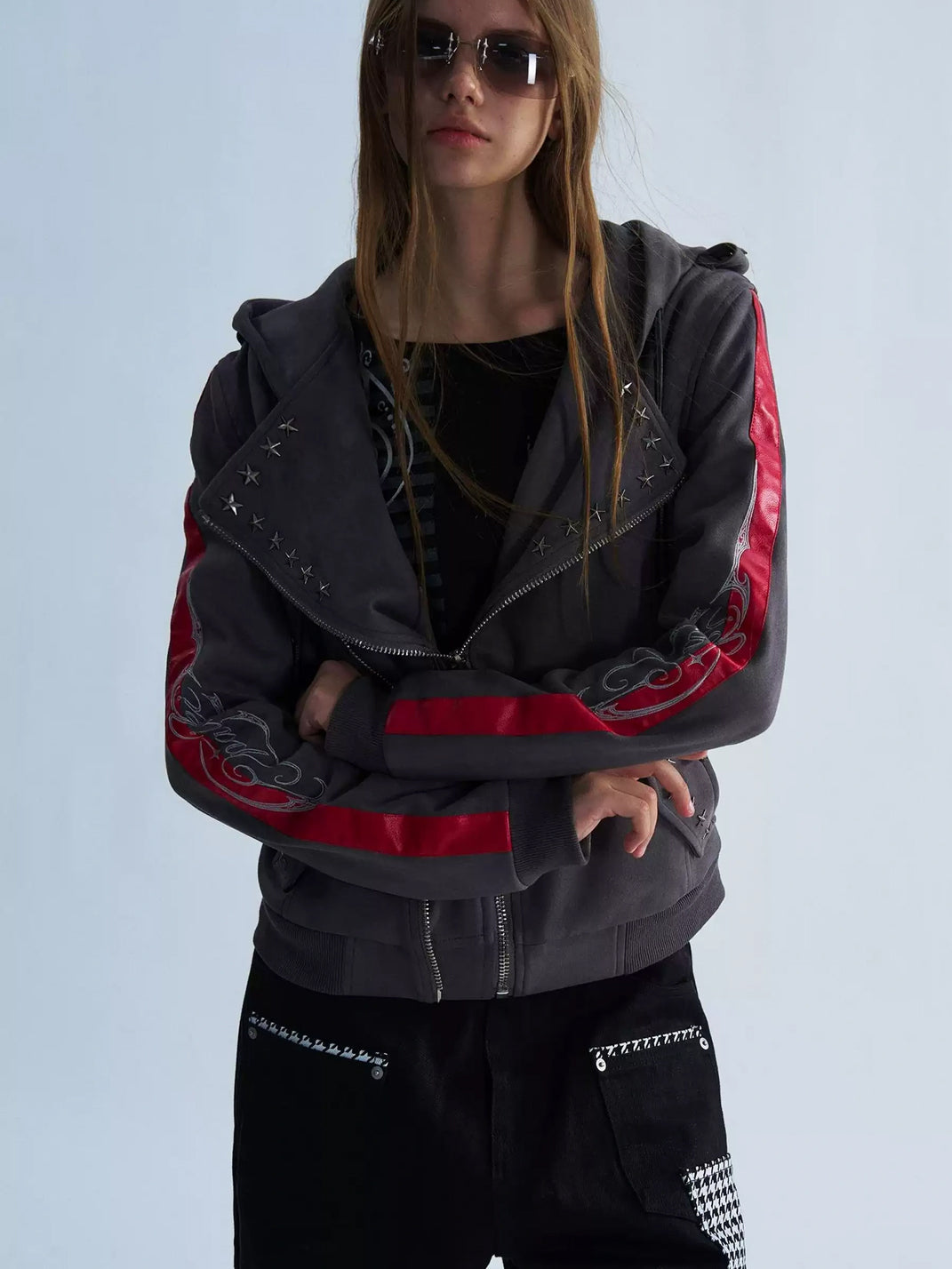 Red Stripe Studded Hooded Biker Jacket - product view 3
