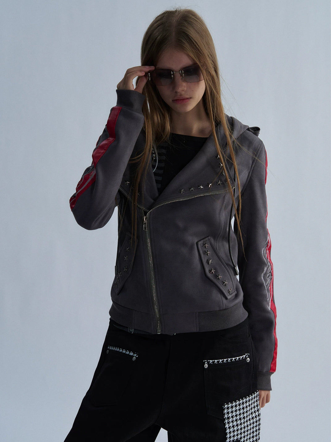 Red Stripe Studded Hooded Biker Jacket - product view 6