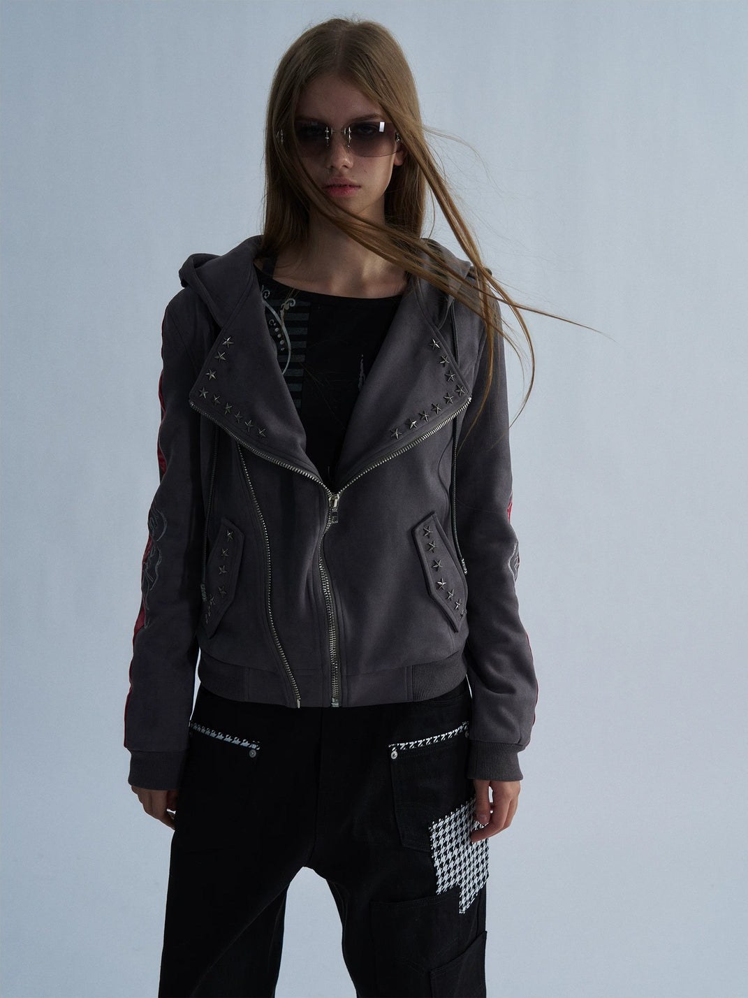 Red Stripe Studded Hooded Biker Jacket - product view 7