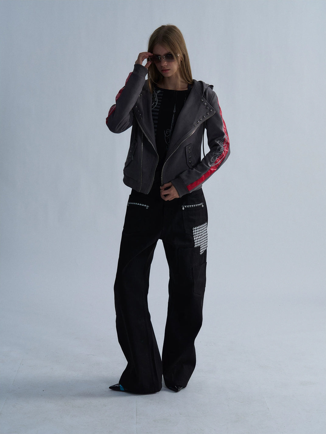 Red Stripe Studded Hooded Biker Jacket - product view 8