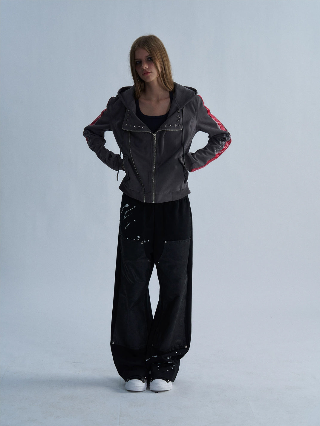 Red Stripe Studded Hooded Biker Jacket - product view 9
