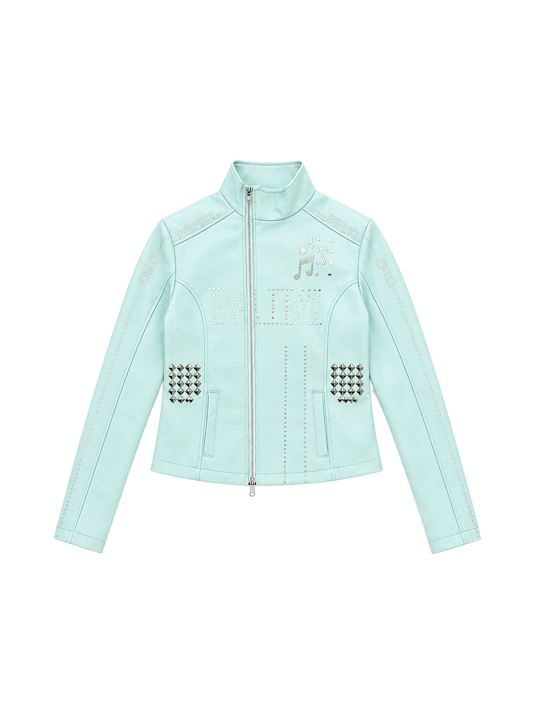 Musical Note Studded Cropped Zip Jacket - front view
