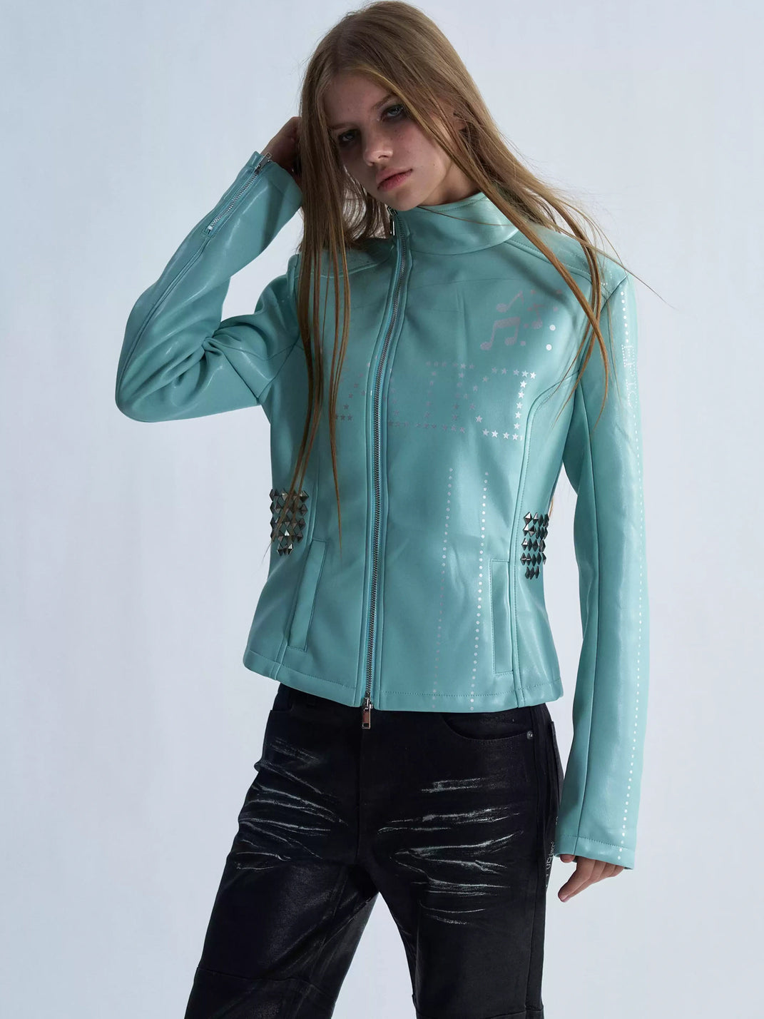Musical Note Studded Cropped Zip Jacket - product view 2