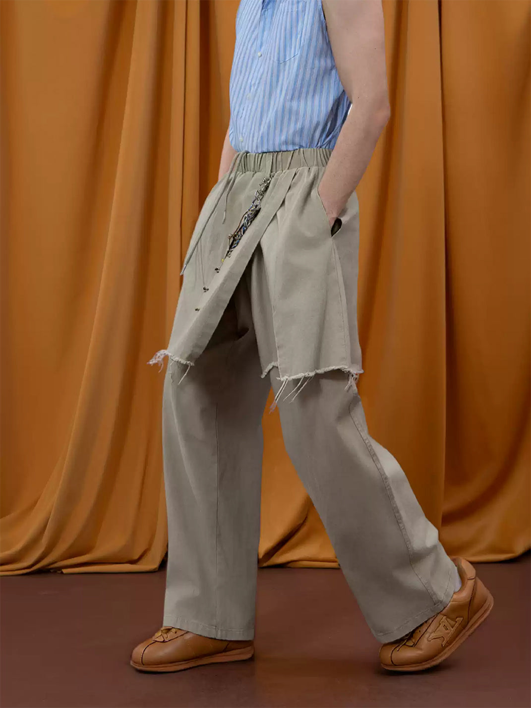 Raw Edge Overlay Cotton Wide Leg Pants - product view 2