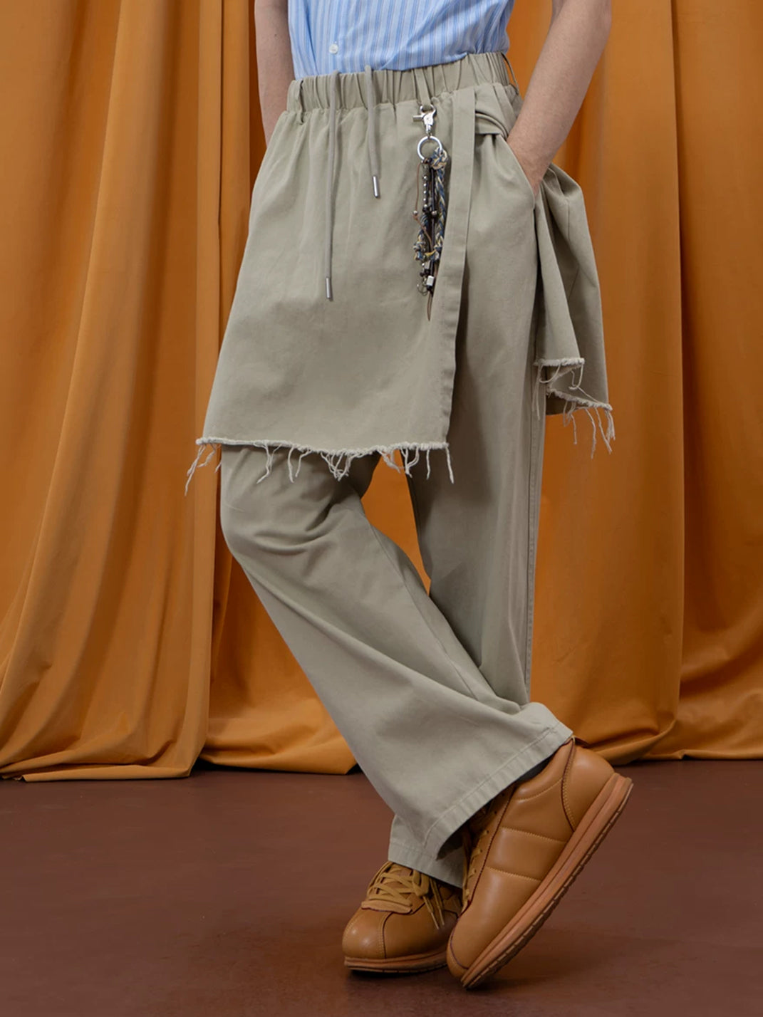 Raw Edge Overlay Cotton Wide Leg Pants - product view 4