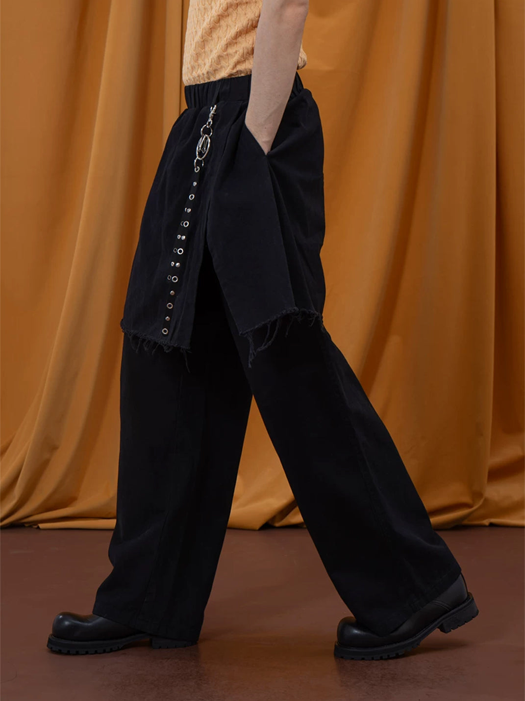 Raw Edge Overlay Cotton Wide Leg Pants - product view 7