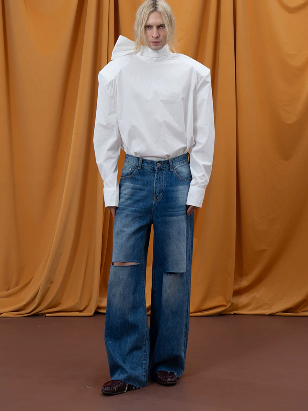 Blue Knee Slit Frayed Hem Wide Jeans - view 5