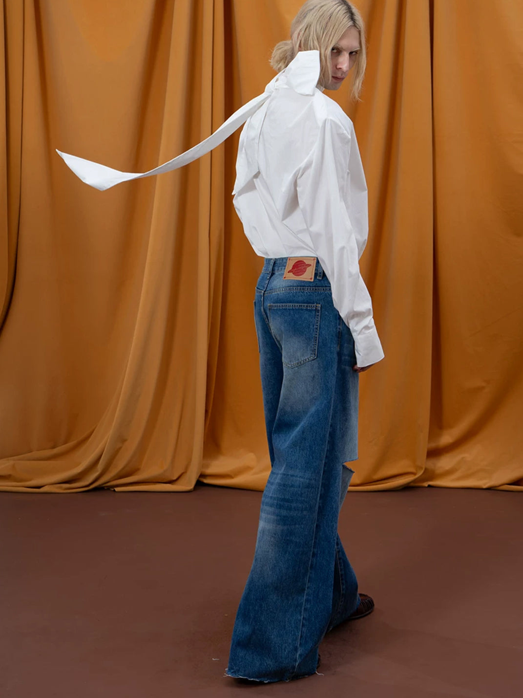 Blue Knee Slit Frayed Hem Wide Jeans - view 6