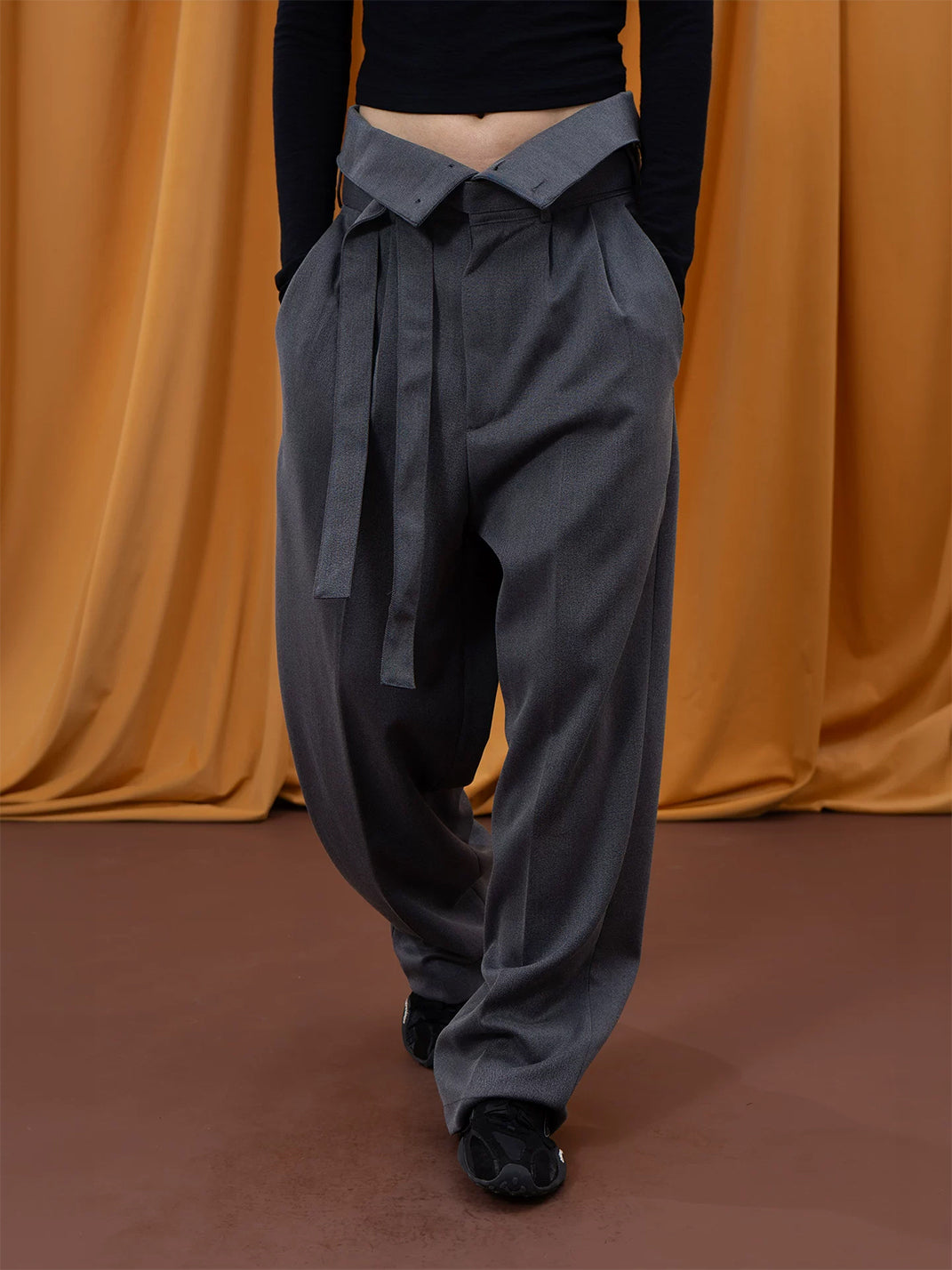 Foldover Waist Tie Belt Pleated Trousers - view 2