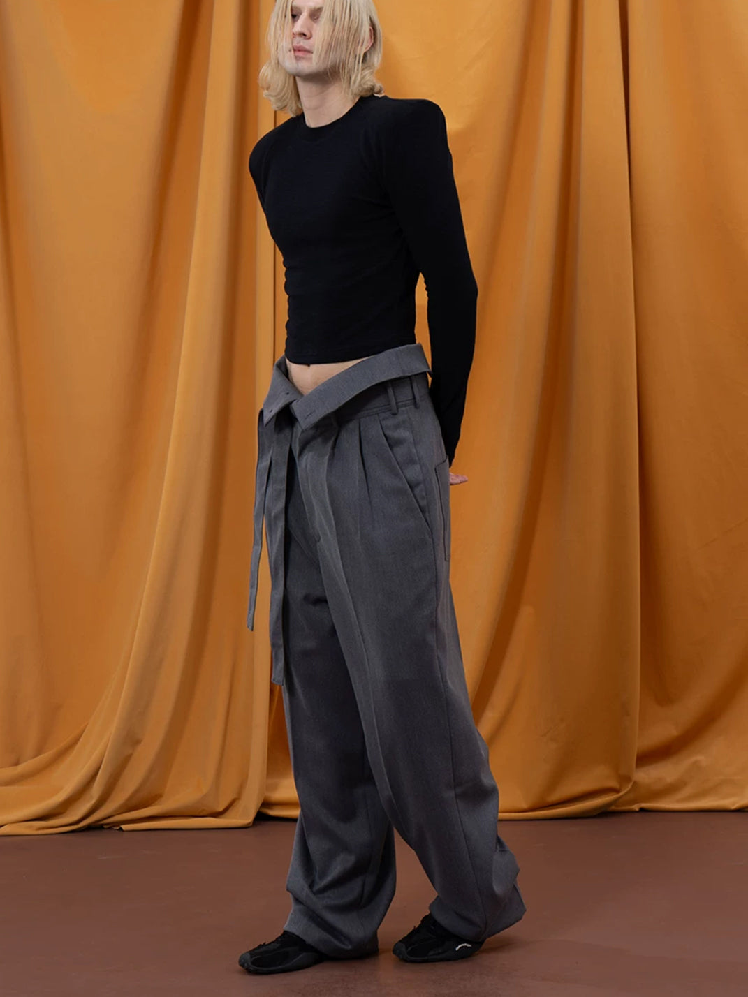 Foldover Waist Tie Belt Pleated Trousers - view 4
