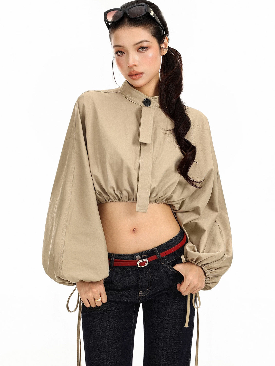 Balloon-Sleeve Drawcord Cropped Jacket - view 1