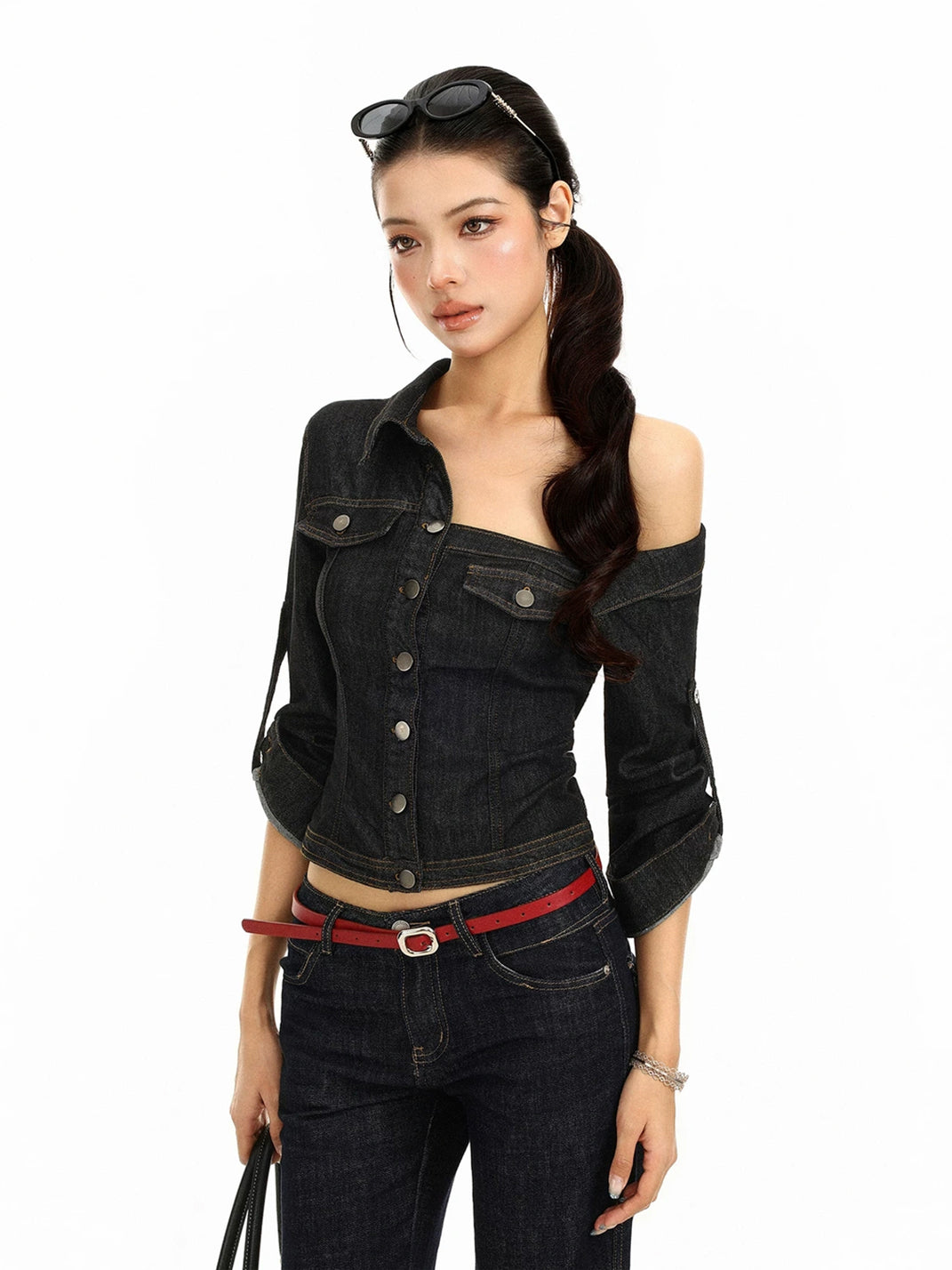 Asymmetric Neckline Cropped Denim Jacket - view 2