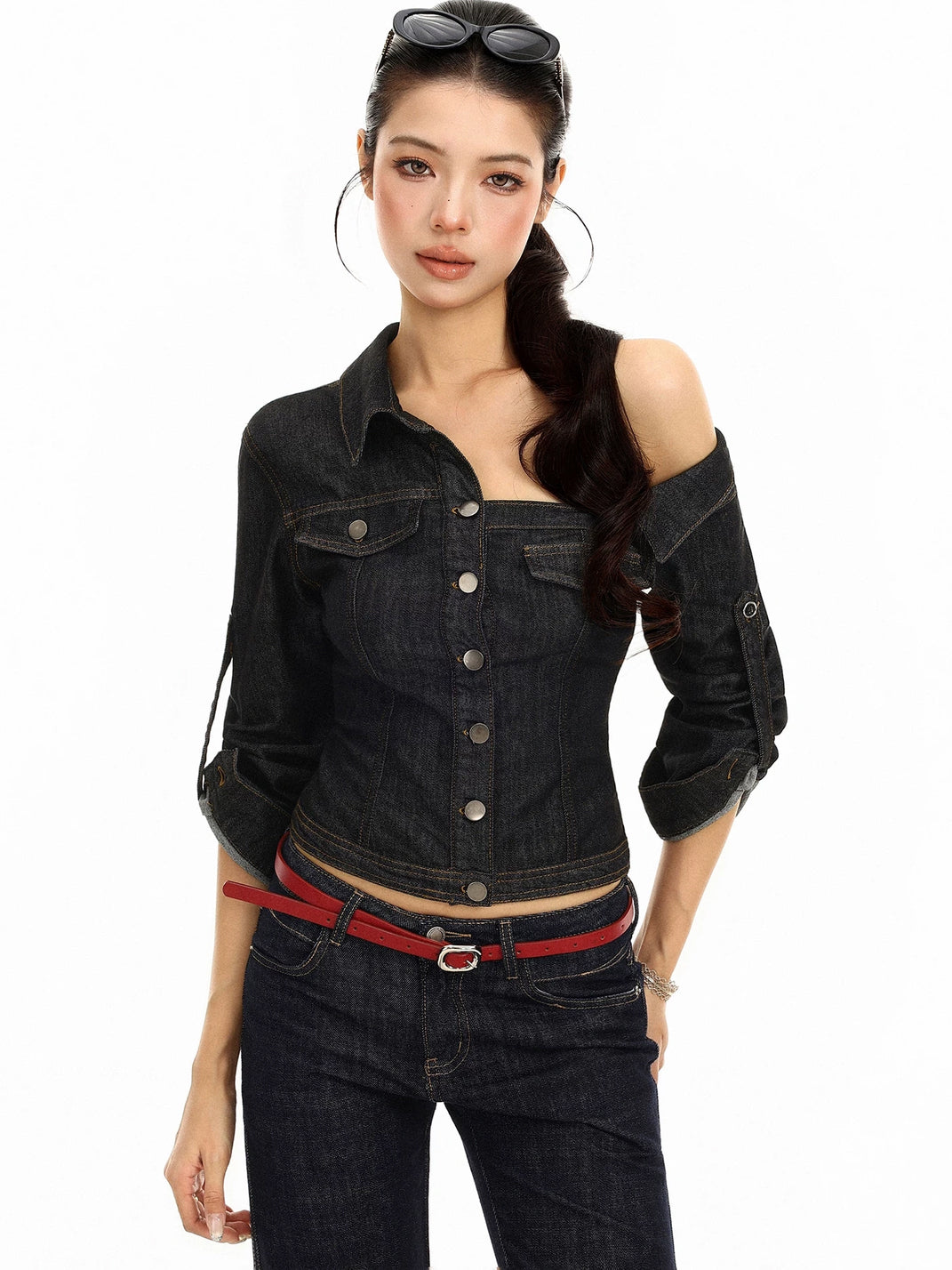 Asymmetric Neckline Cropped Denim Jacket - view 4
