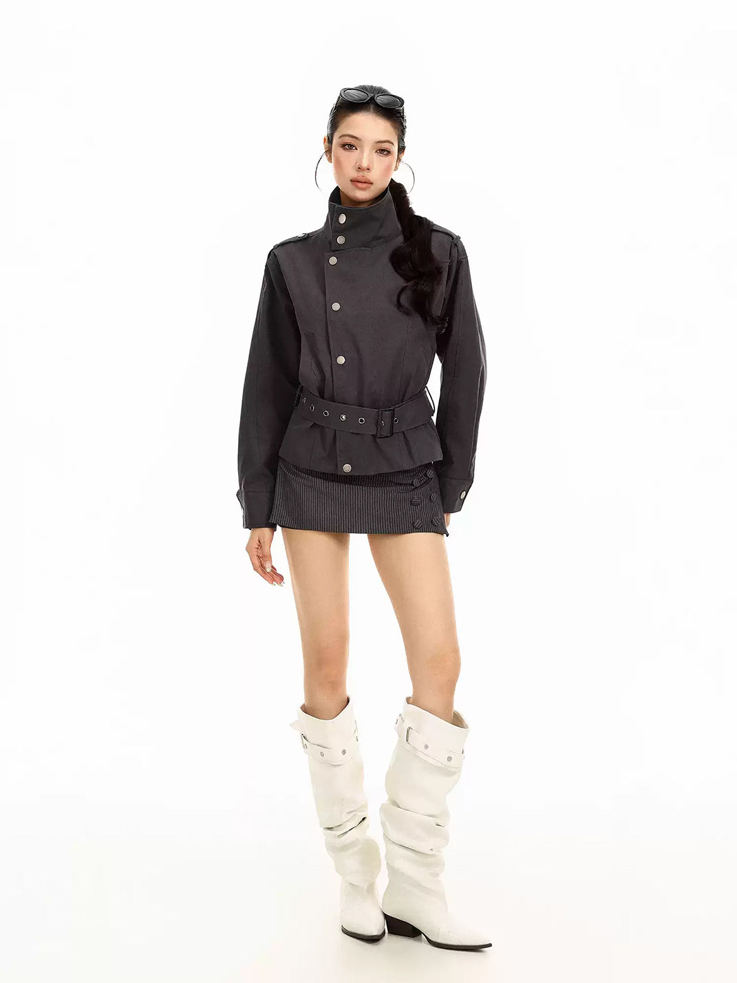 Eyelet-Belt Asymmetric Cotton Jacket - view 6