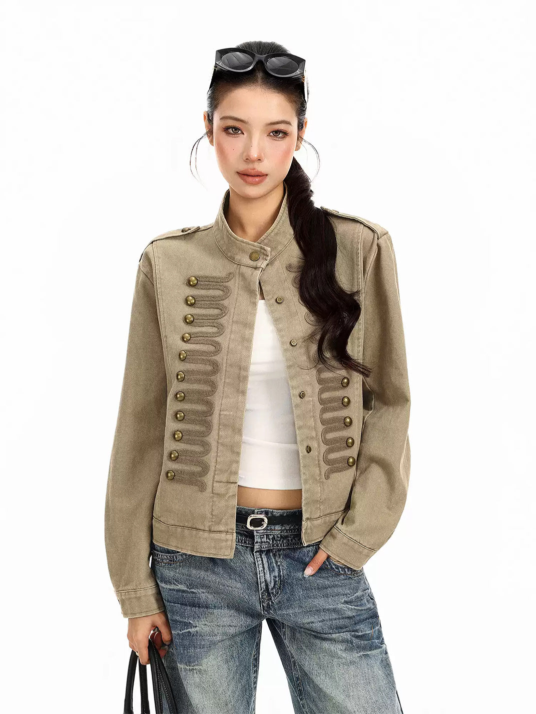 Braided-Trim Khaki Cotton Jacket - view 1