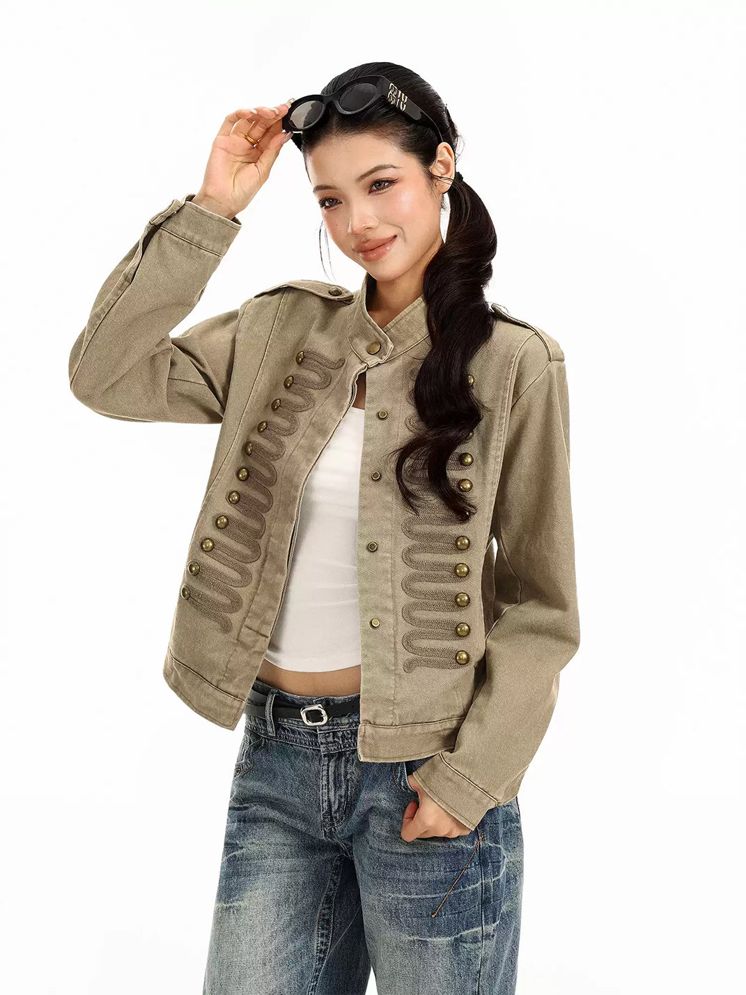 Braided-Trim Khaki Cotton Jacket - view 2