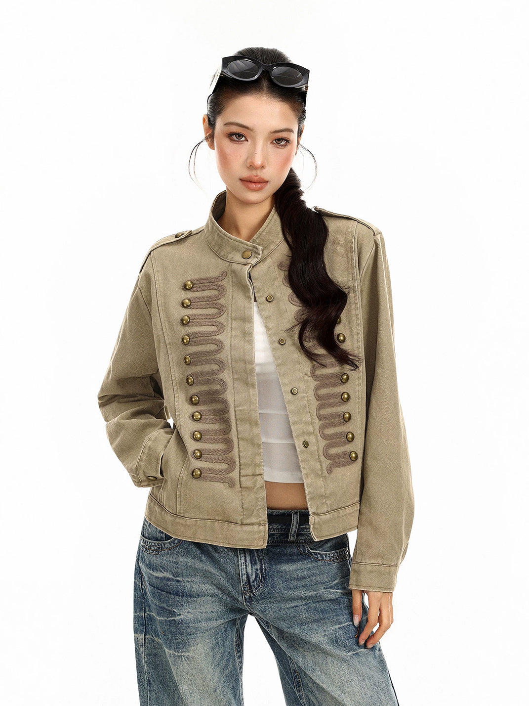 Braided-Trim Khaki Cotton Jacket - view 4