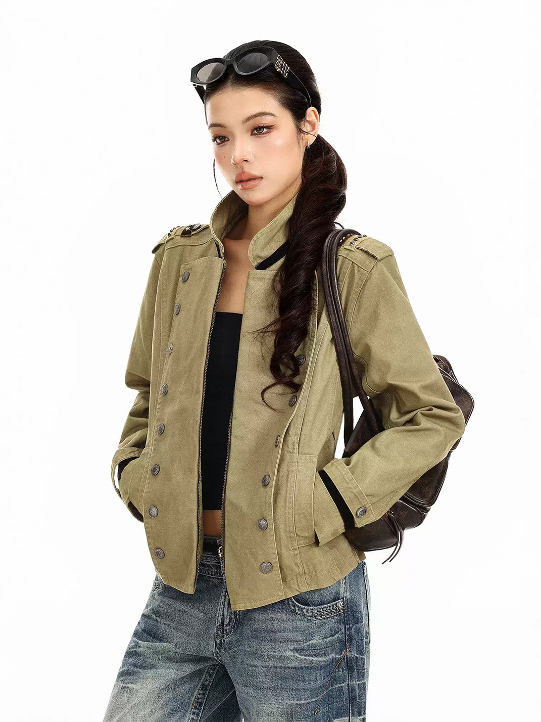 Contrast-Trim Double-Button Military Jacket - view 3