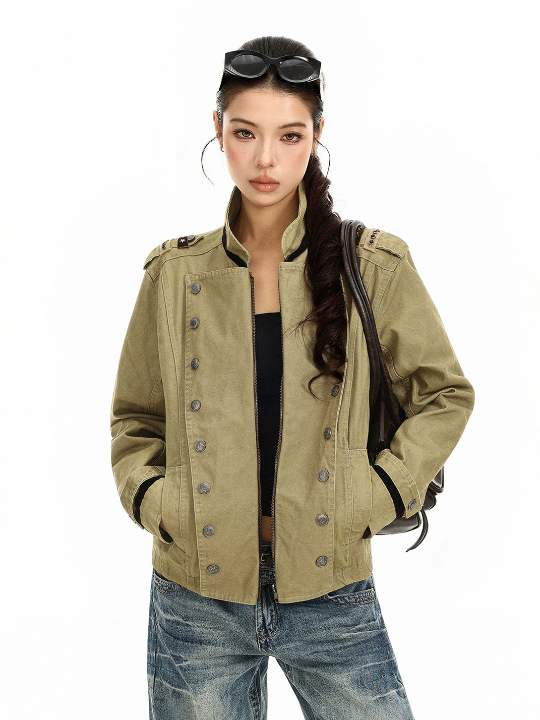 Contrast-Trim Double-Button Military Jacket - view 4
