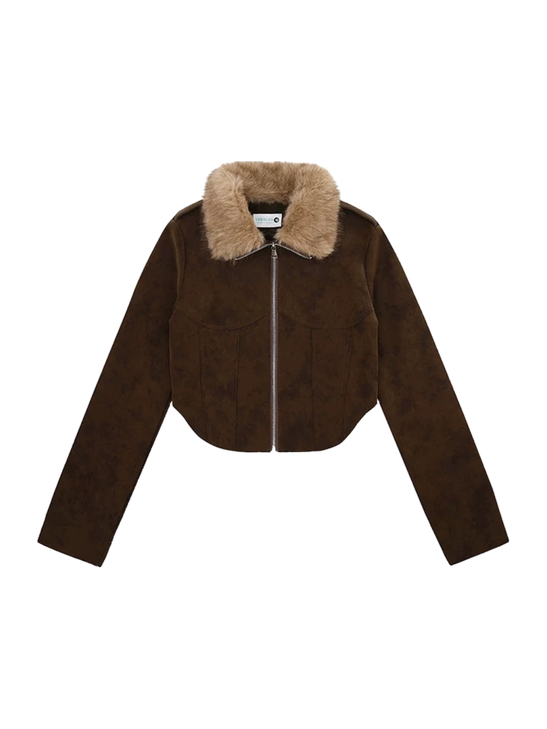 Plush-Collar Brown Cropped Jacket - view 1