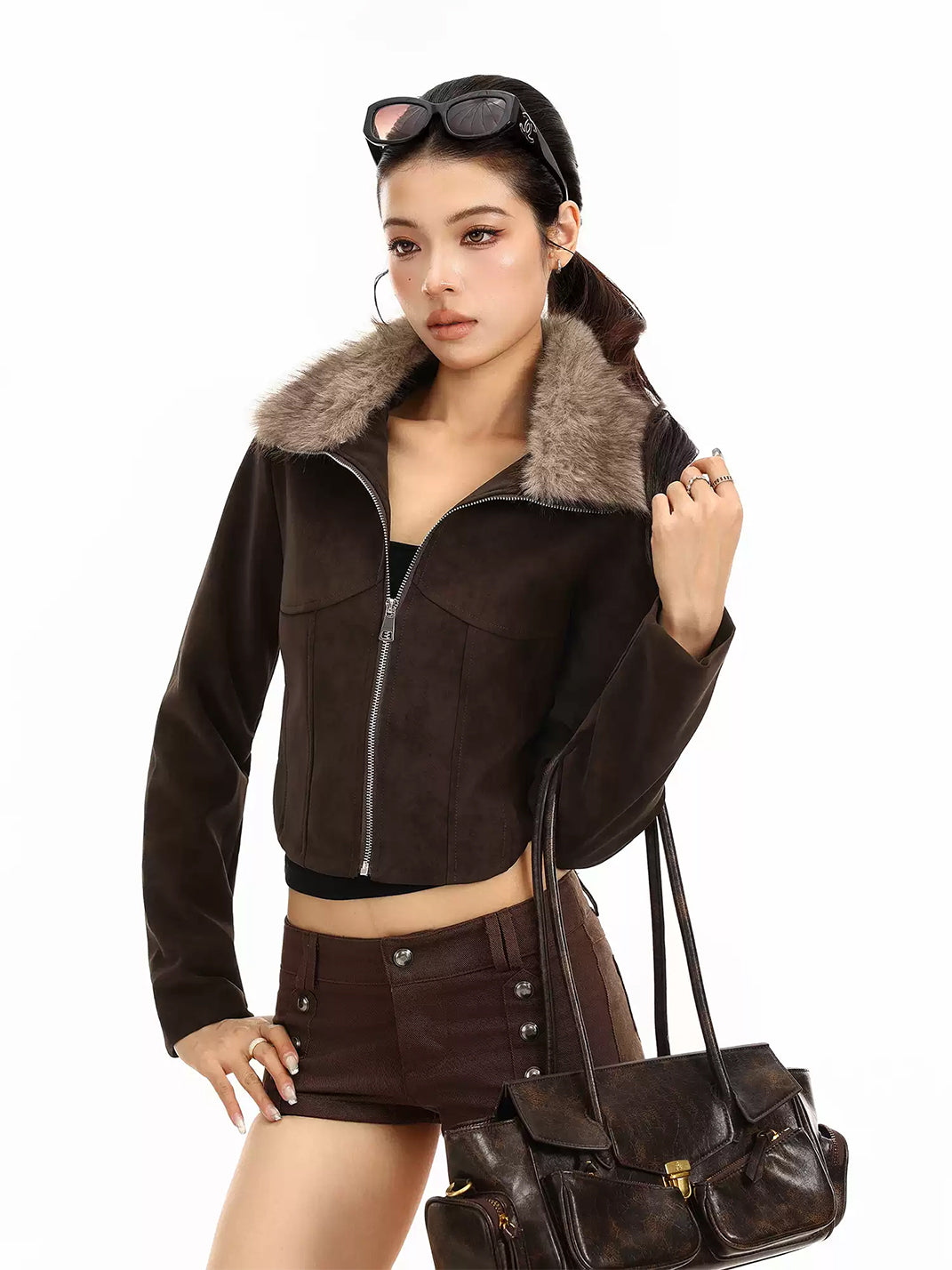 Plush-Collar Brown Cropped Jacket - view 2