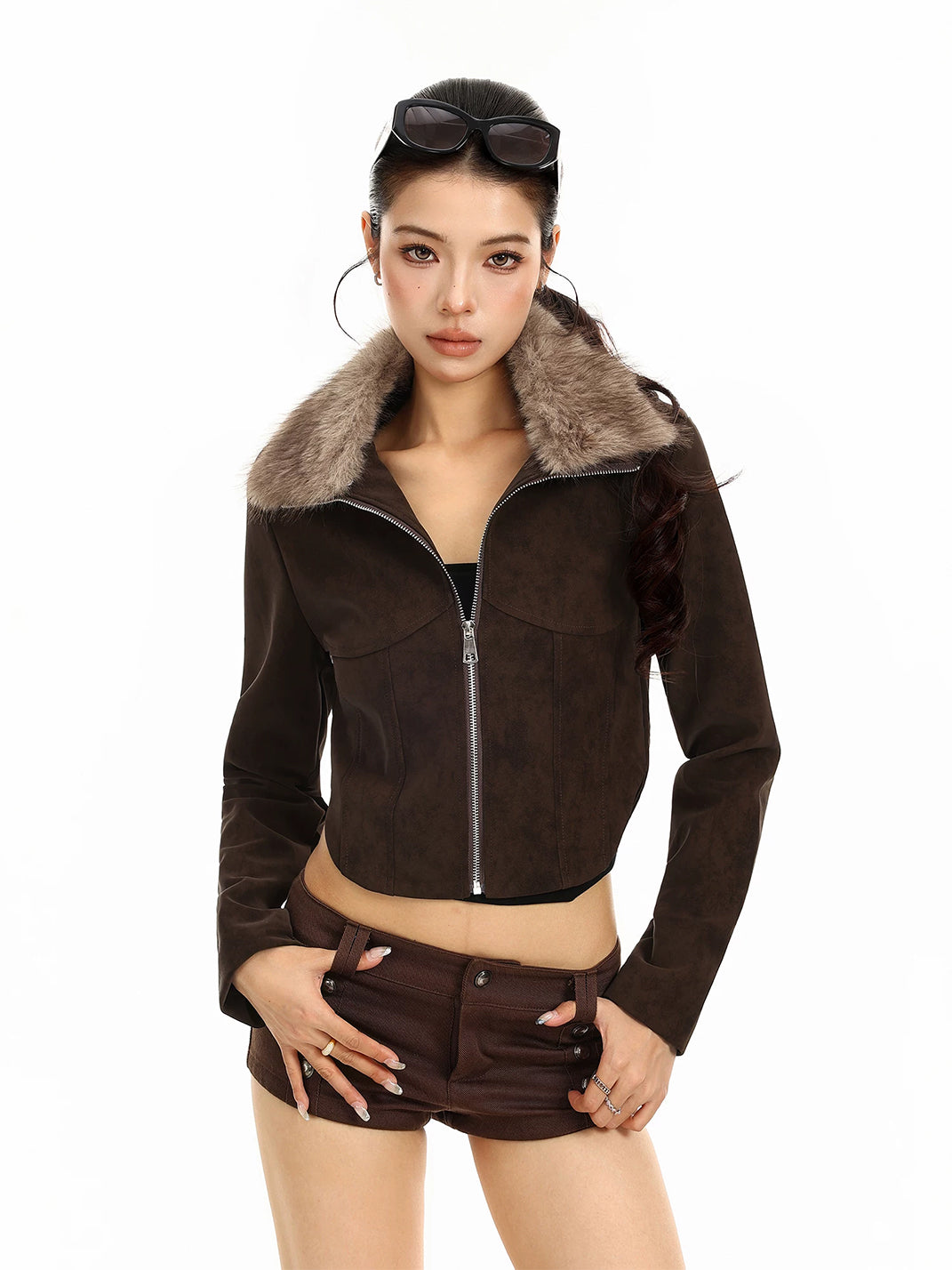 Plush-Collar Brown Cropped Jacket - view 4
