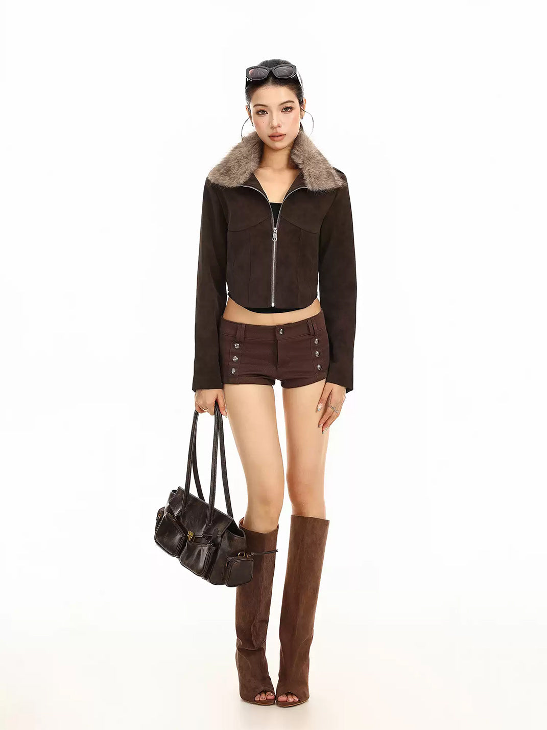 Plush-Collar Brown Cropped Jacket - view 5