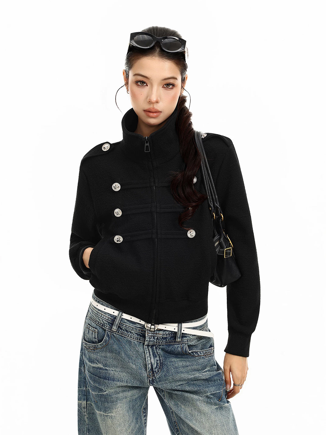 Decorative-Button Cropped Zip Jacket - view 2