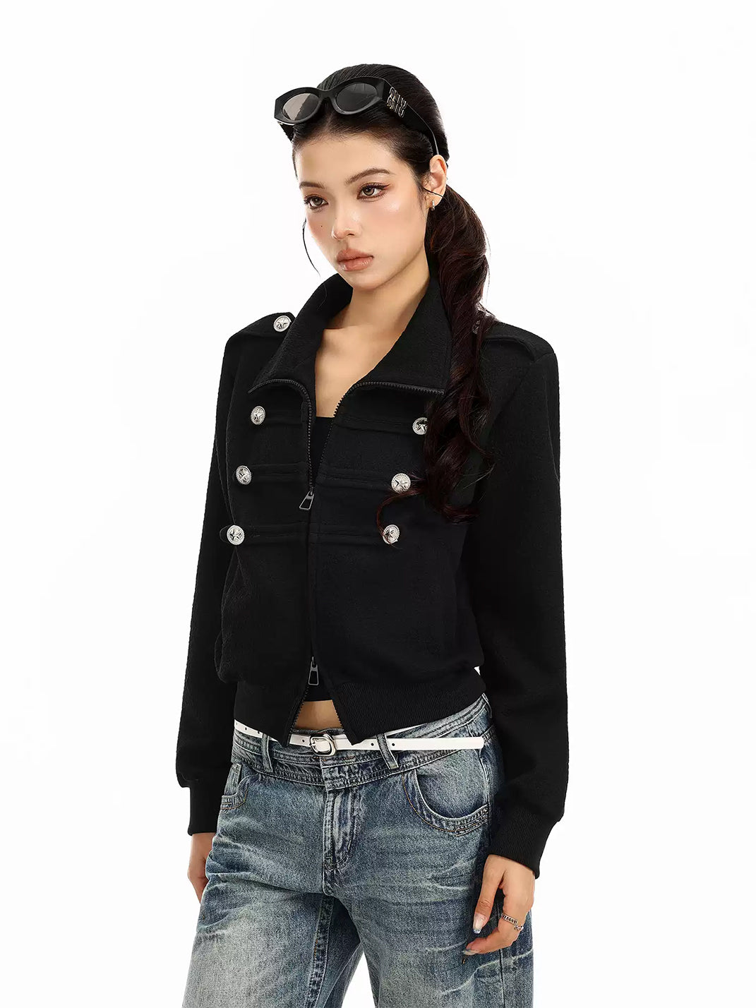 Decorative-Button Cropped Zip Jacket - view 3