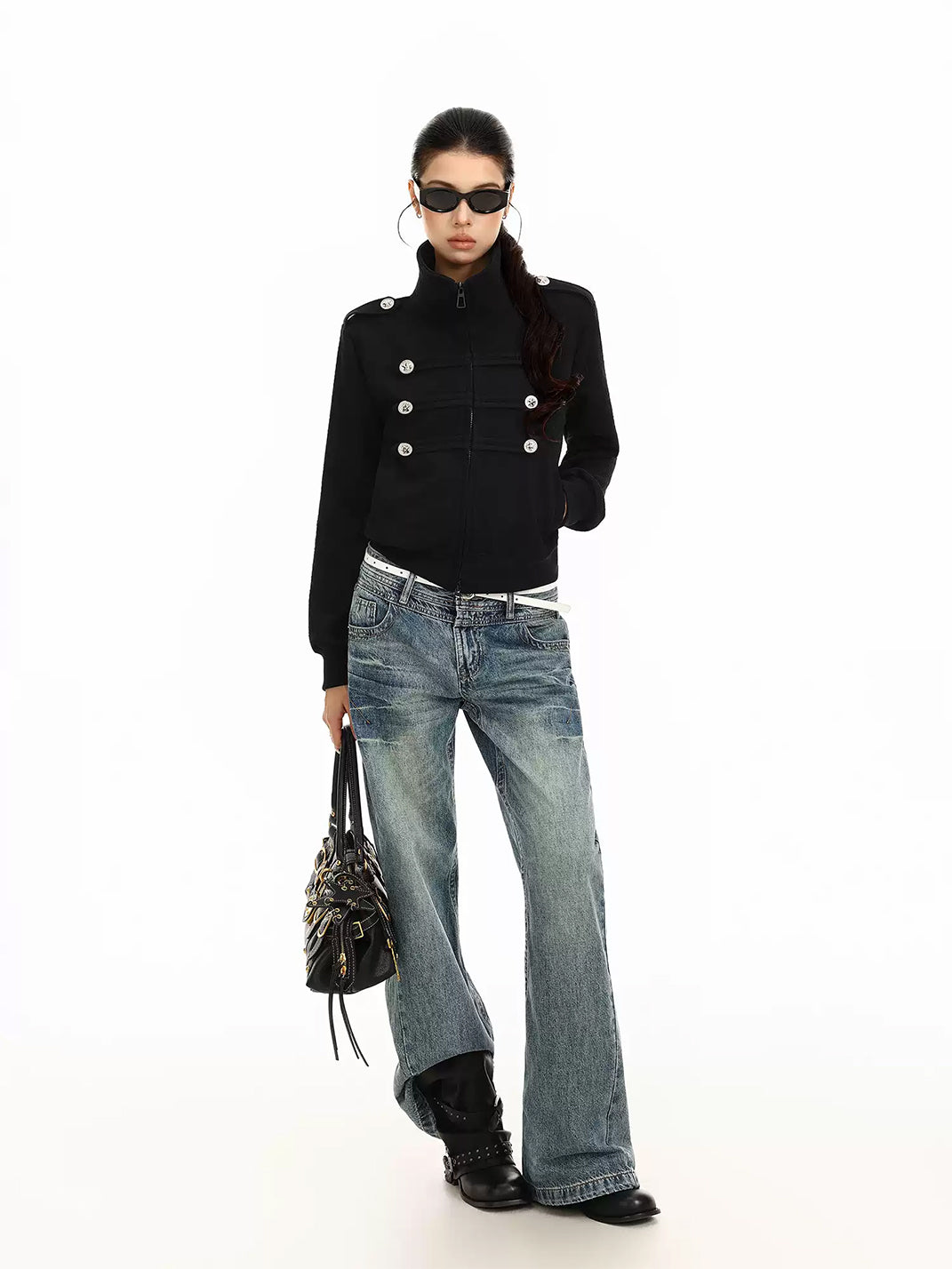 Decorative-Button Cropped Zip Jacket - view 4
