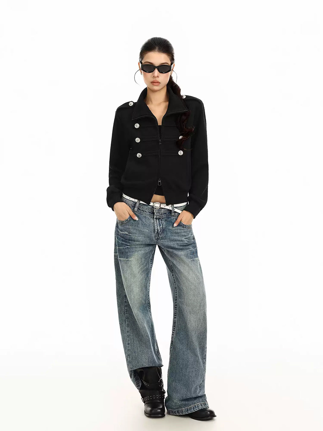 Decorative-Button Cropped Zip Jacket - view 5