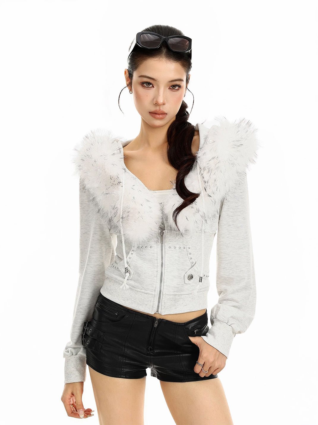 Hardware-Detail Cropped Trimmed Zip Hoodie - view 1