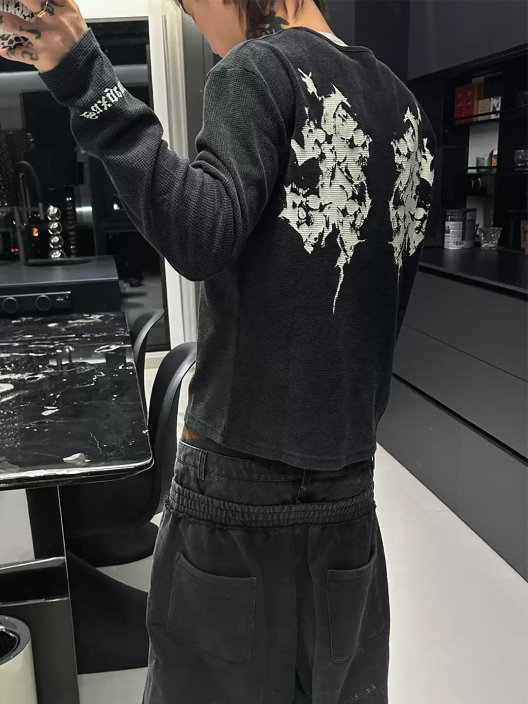 Washed Skull Graphic Waffle Henley Shirt - view 5