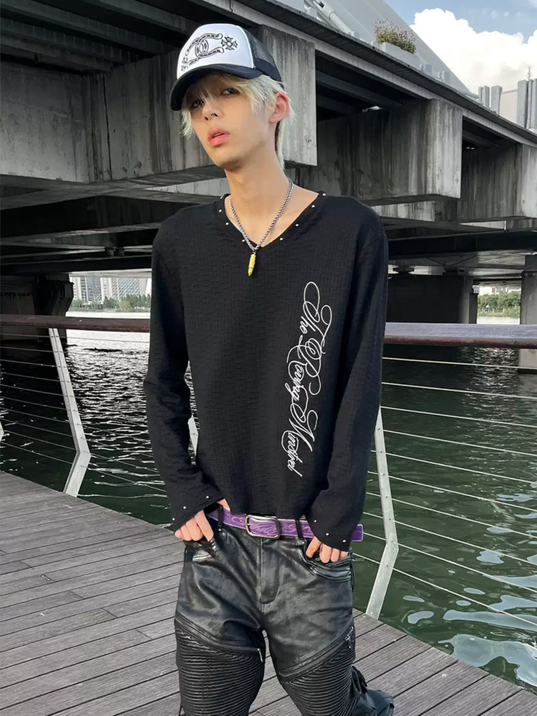 Black Studded Jacquard V Neck Tee - product view 2