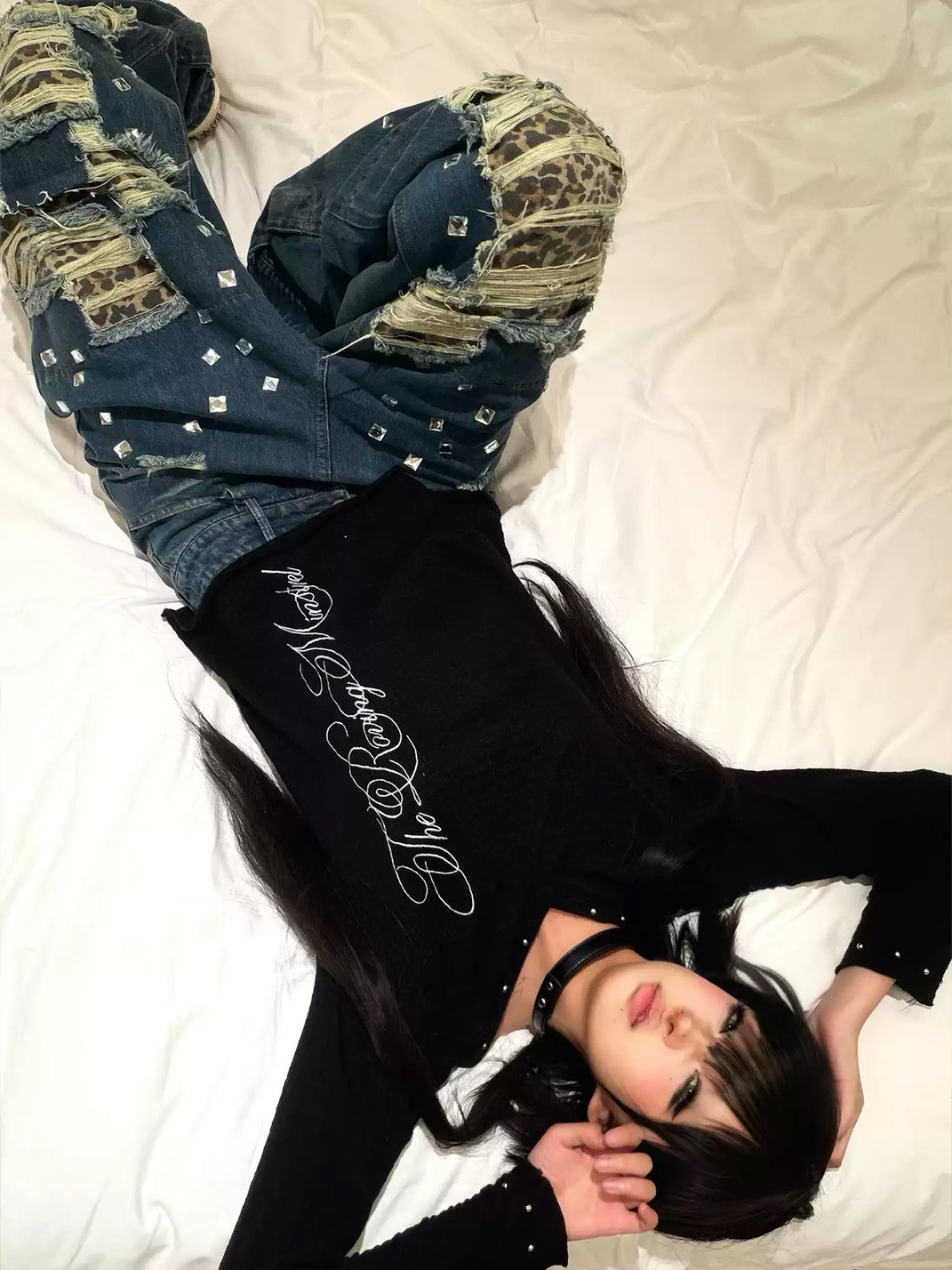 Black Studded Jacquard V Neck Tee - product view 5