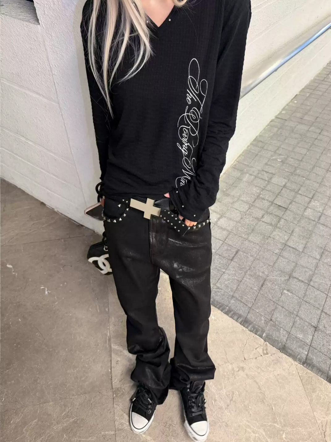 Black Studded Jacquard V Neck Tee - product view 6