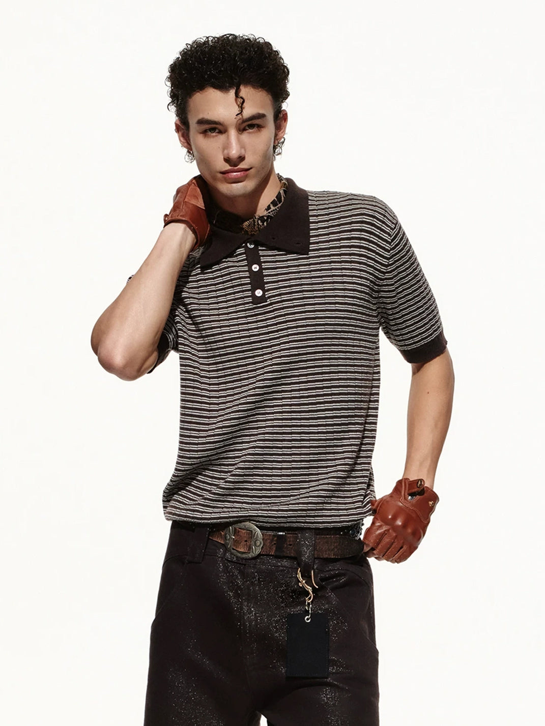 Fine Stripe Contrast Trim Textured Polo - view 3