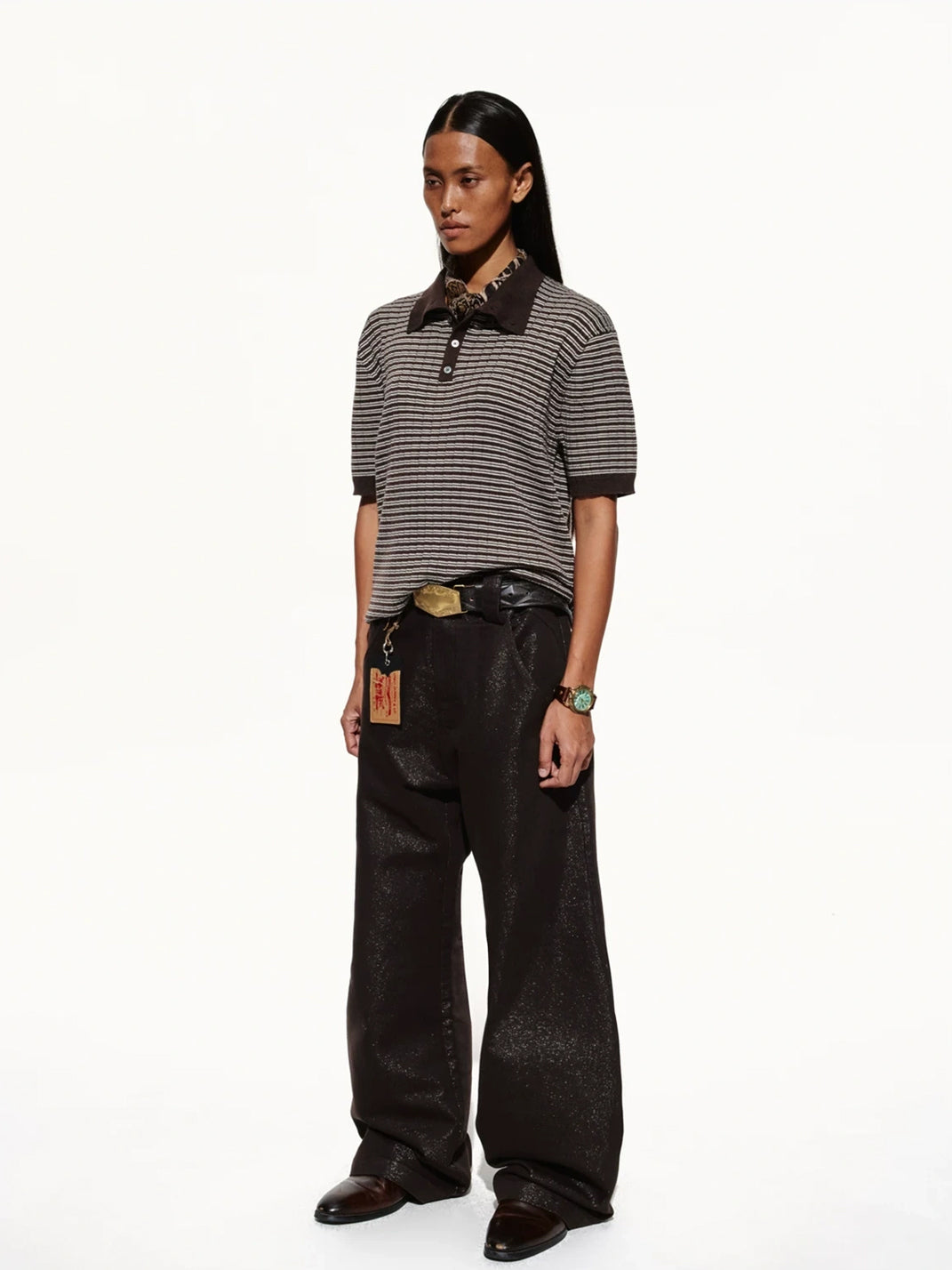 Fine Stripe Contrast Trim Textured Polo - view 4